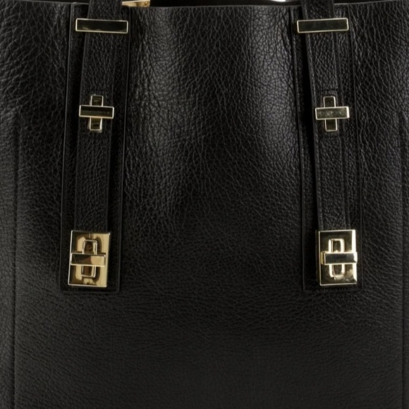 India Hicks Black Leather Solitare Shoulder Bag Purse Tote Gold Hardware - Picture 8 of 14